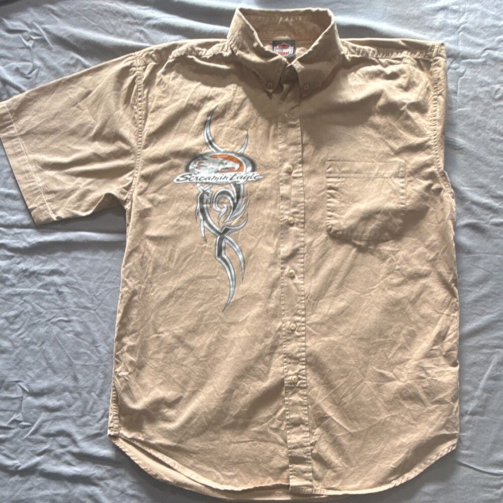 Harley-Davidson Screamin' Eagle Men's XL Beige Graphic Button-Down Shirt